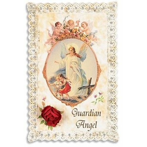 Guardian Angel Embossed Lace Holy Card with Rose