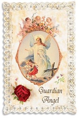 Guardian Angel Embossed Lace Holy Card with Rose