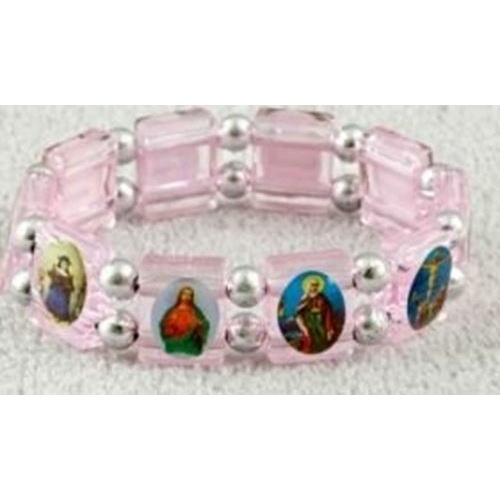 Santos - Pink Moulded Saints Bracelet &  Prayer to Our Lady of Guadalupe Holy Card