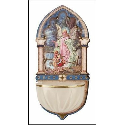 13cm Guardian Angel Wooden font with Luminous Holy Water bowl