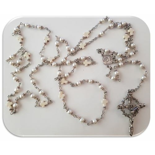 Stations of the Cross -  Cream faux glass pearl with How-lite semi precious stone Crosses - Limited Edition