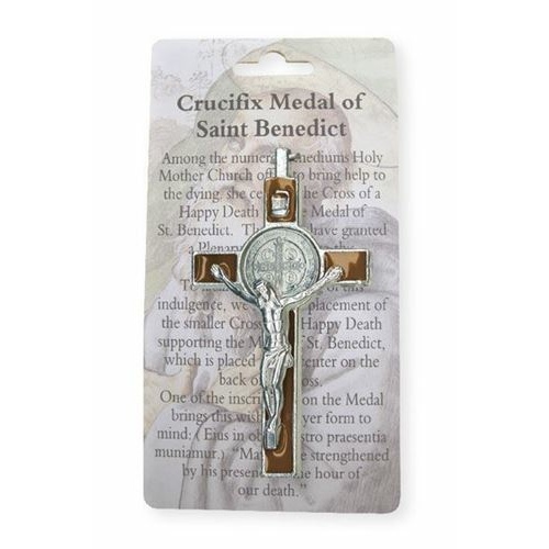 8cm Brown inlay St Benedict Metal Crucifix