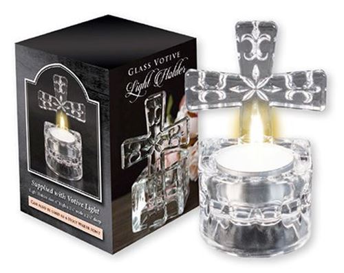 10cm Glass Votive Cross  tea light holder / Holy water font