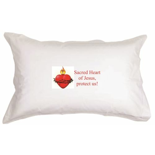 Set of Two -  Sacred Heart of Jesus, Protect us!   White pillow cases