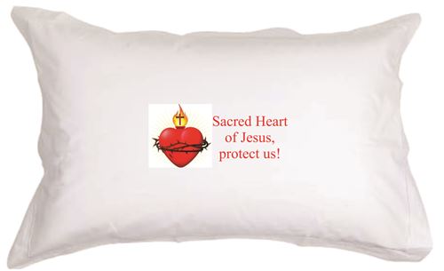 Set of Two -  Sacred Heart of Jesus, Protect us!   White pillow cases