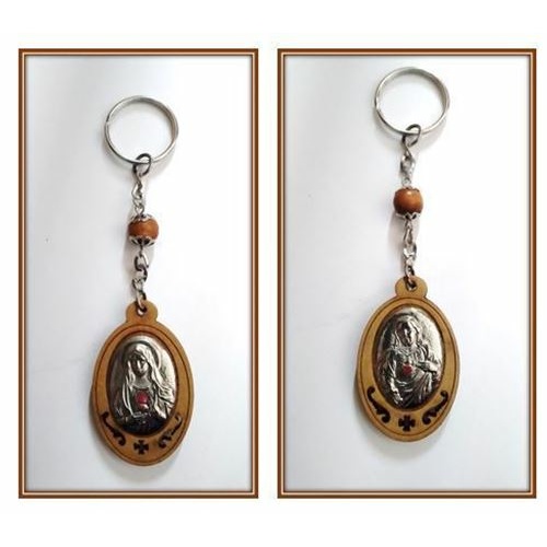 Key ring - Sacred Heart / Immaculate Heart wood & metal
