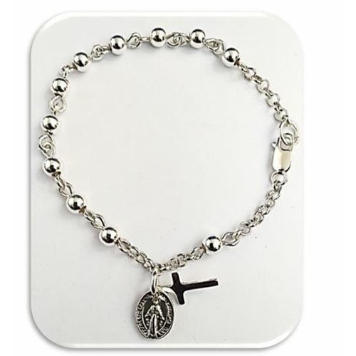 Sterling Silver One Decade Rosary Bracelet with Miraculous Medal and Cross