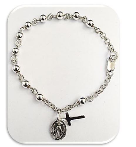 Sterling Silver One Decade Rosary Bracelet with Miraculous Medal and Cross