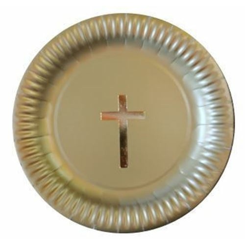 Gold Paper Plate with Gold Foil Cross - 23.5cm diameter (pkt 10)