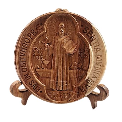 St Benedict Wooden Plaque with Stand