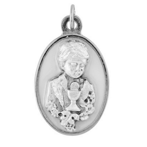 1st Holy Communion Boy Medal with White enamel Inlay - Silver 25mm