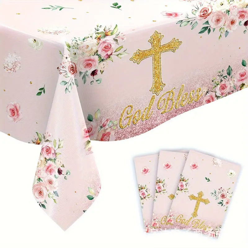 God Bless Plastic Table Cloth- Shades of Pink & Gold -   220 x 130cm