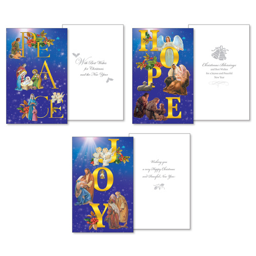 10 Christmas Cards / 3 Designs with Envelopes - Peace, Joy, Hope