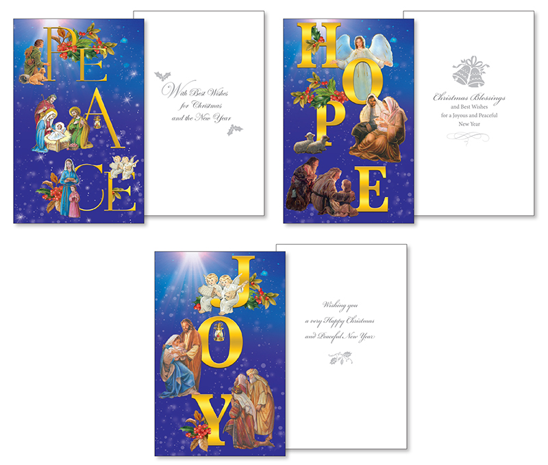 10 Christmas Cards / 3 Designs with Envelopes - Peace, Joy, Hope