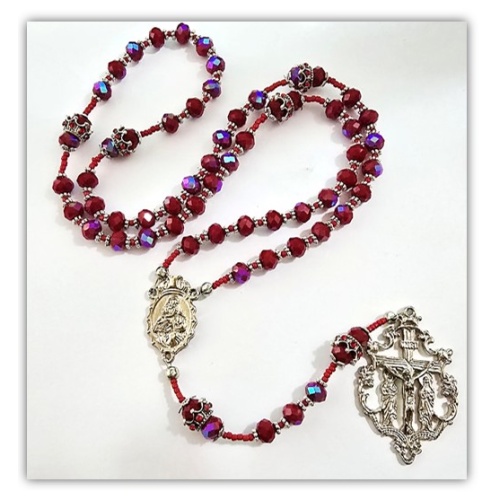 Blood Red Austrian Crystal AB faceted Rosary with Crown Mysteries