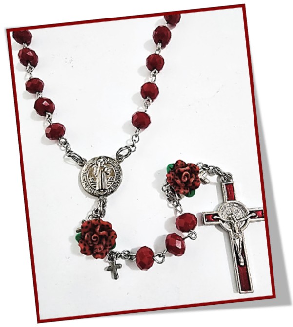 Stunning Red Rose with Tiny Crosses Rosary - St Benedict